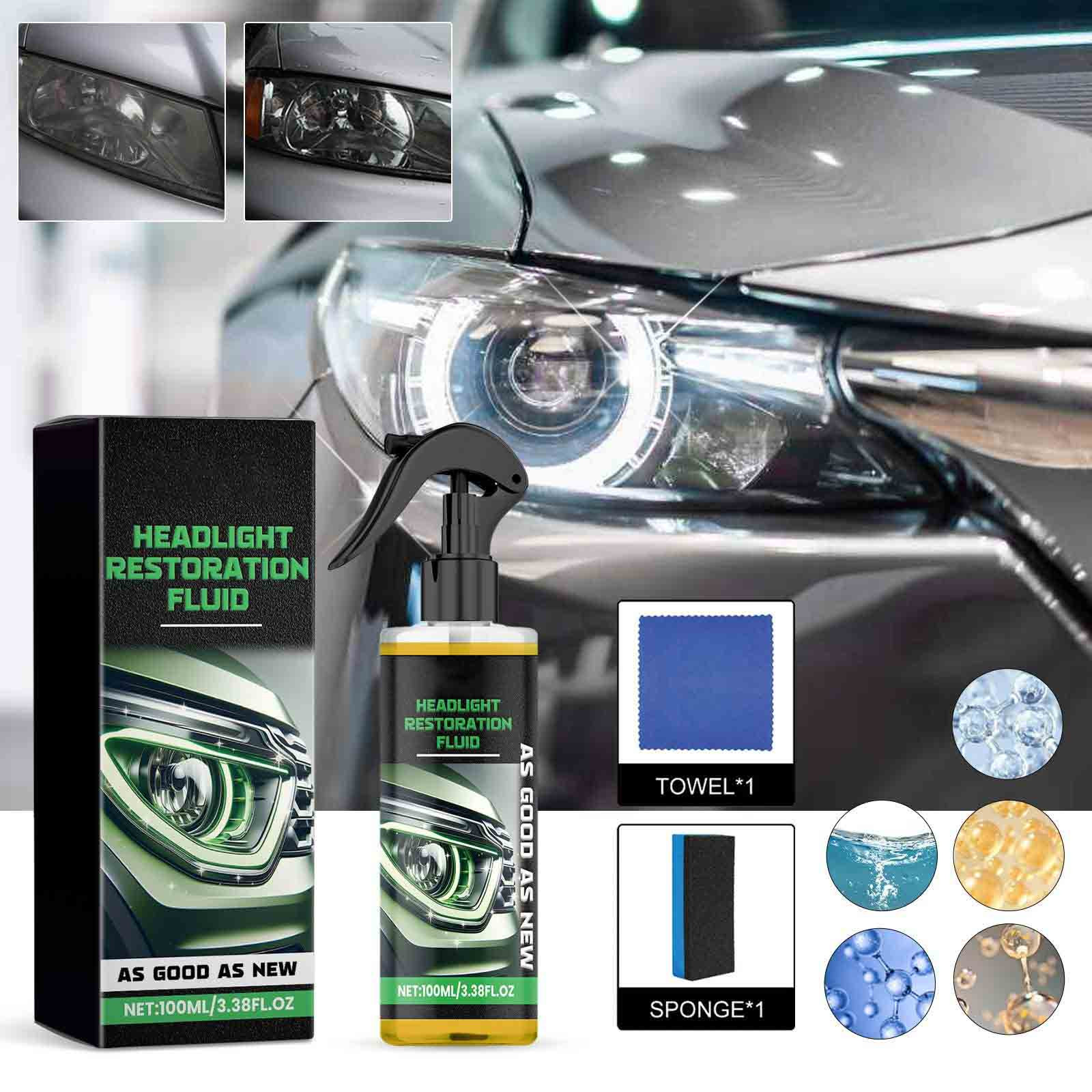 Qaailabf Car Headlight Restoration Kit with UV Protection Fluid - Professional Grade Lens Cleaner and Repair Solution - 100ml with Applicator Sponge and Towel - 3 Month Protection for Yellowed